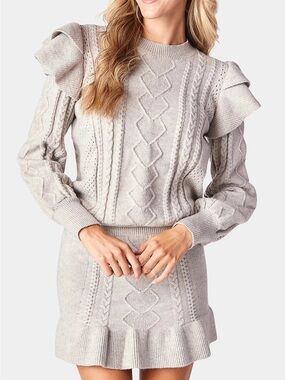 Girls' Light Gray Ruffle-Shoulder Cable Knit Sweater Top